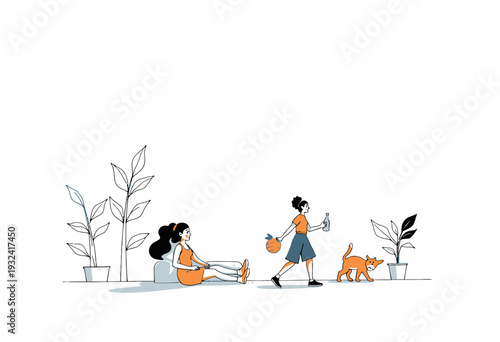 Illustration of two women engaging in an active outdoor lifestyle with exercise and hydration accompanied by a playful orange cat amidst decorative plants