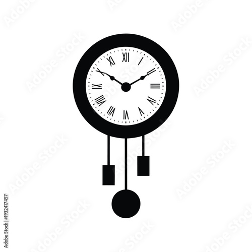 A minimalist black wall clock with roman numerals and a pendulum