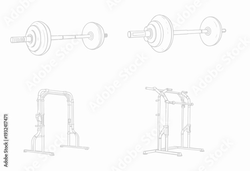 Illustrated Diagram of Essential Gym Equipment Featuring Dumbbells, Barbells, and Multi-Station Fitness Trainer for Strength and Conditioning Workouts