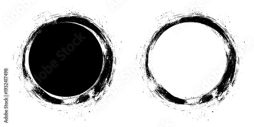 Abstract Circle Brush Stroke Collection. Minimal Black Ink Circle Frame