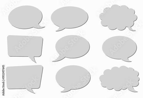 Collection of various grey speech bubble shapes for conversations and discussions, including cloud and rectangular styles on a plain white background