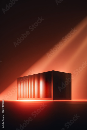 futuristic glowing container with dramatic light beams and red background for logistics/transport/global shipping/asset tracking