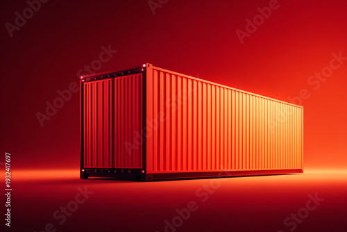 futuristic glowing container with dramatic light beams and red background for logistics/transport/global shipping/asset tracking