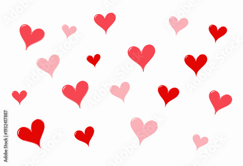 Vibrant Array of Red and Pink Hearts Floating on a Crisp White Background Evoking Love and Romance in a Simple Yet Captivating Composition