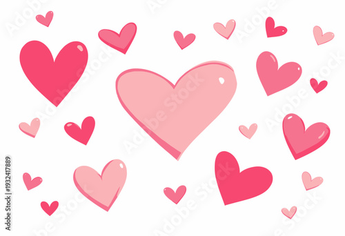 Vibrant Array of Pink and Red Hearts Scattered on a White Background Conveying Love and Affection in a Playful and Romantic Style