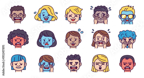 Diverse collection of illustrated faces expressing various human emotions and feelings.