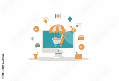 Illustration of E-commerce Concepts with Shopping Cart on a Computer Screen and Digital Icons in Technology and Retail Environment