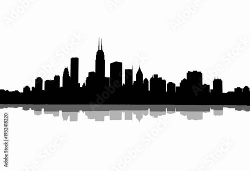 Silhouette of a city skyline with various skyscrapers and buildings reflecting on a calm water surface, creating a symmetrical and tranquil urban landscape