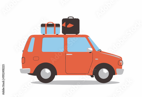 Illustration of a Compact Orange Car with Suitcases on the Roof Ready for a Road Trip Journey