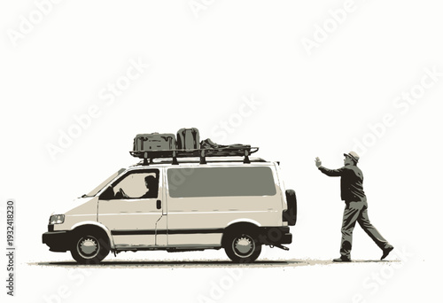 Man Chasing Van Laden with Luggage on Roof Rack Against White Background Depicting Missed Transportation or Forgotten Traveler Scenario