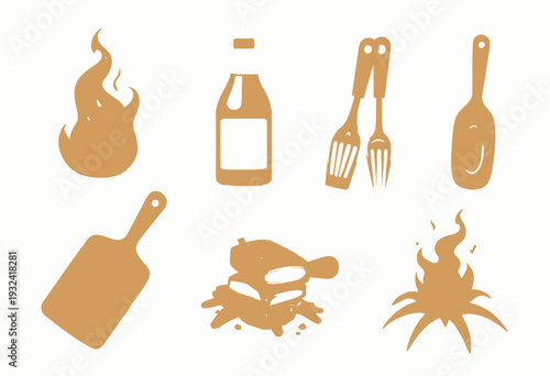 Illustration of Campfire Essentials Including Flames, Cooking Implements, Wooden Cutting Boards, and Delicious Marshmallow S'mores