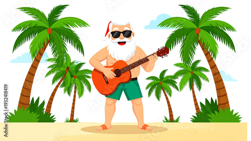 Funny Santa Claus playing guitar in summer outfit, tropical Christmas cartoon character illustration isolated on white background