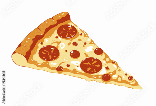 Illustrated Slice of Pepperoni Pizza with Cheese and Crispy Crust on White Background Showing Savory Toppings and Deliciously Melted Cheese
