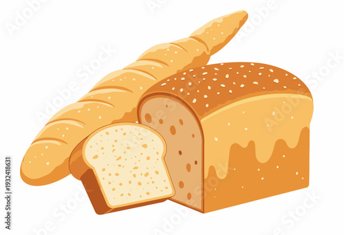 Illustration of Various Breads Including Sliced Loaf and Baguette on a Clean White Background Showcasing Texture and Variety of Baked Goods