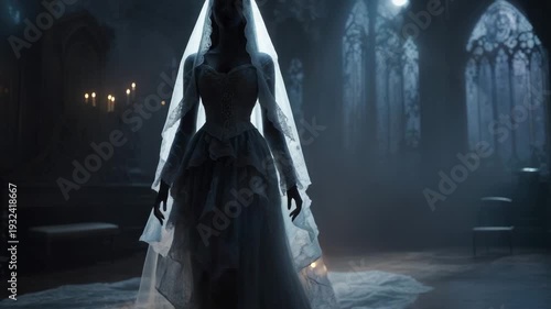 Bride standing in gothic interior with veil and soft lighting  