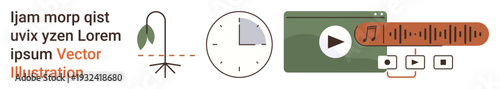 Eco-friendly , time tracking, multimedia use, minimalism, sustainability, digital design. Plant icon, clock media playback elements in vector format. Eco-friendly and time tracking concept