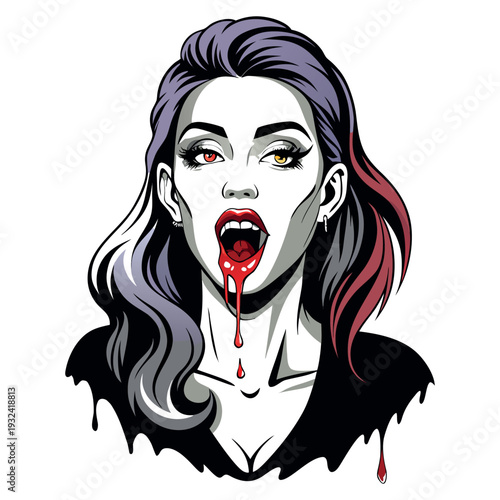 Vampire woman with blood dripping from mouth, pop art style illustration with purple and red hair on white background