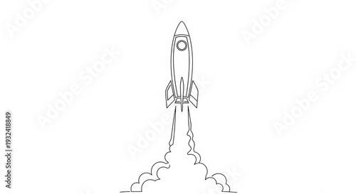 Minimalist Line Art Rocket Launching with Smoke Trails, Space Exploration Concept