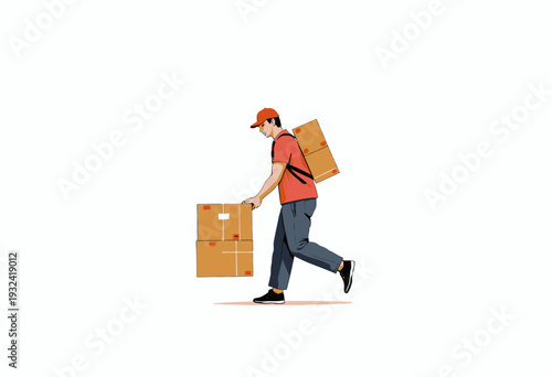 Illustrated image of a delivery person in a red uniform carrying multiple cardboard boxes on their shoulders and hands on a white background