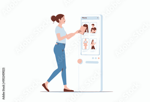 A young woman interacts with a futuristic digital wardrobe interface, selecting different outfits through a touchscreen display, emphasizing virtual reality in fashion technology.