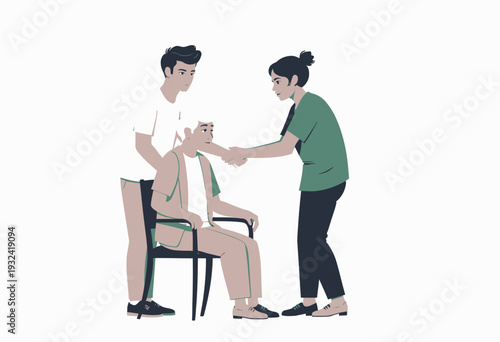 Caring interaction between two young adults and an elderly man seated in a chair, demonstrating compassion and support in a warm, nurturing environment