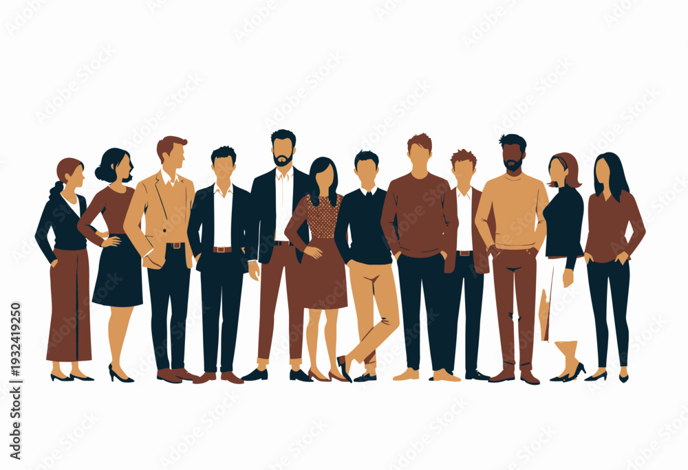 Obraz premium Diverse Group of Casual and Professionally Dressed Individuals Standing Together on a White Background Illustrating Teamwork and Inclusivity