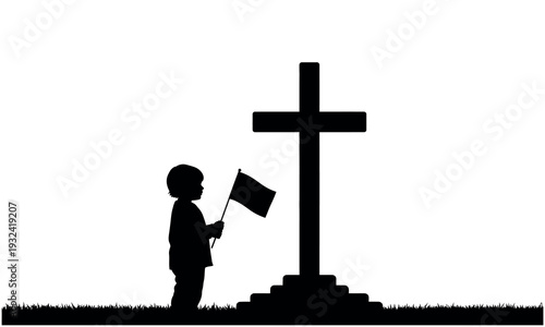 Silhouette of a child holding a flag next to a large cross on a pedestal