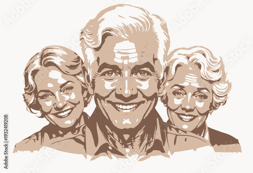Illustration of Three Smiling Elderly Individuals with White Hair and Joyful Expressions Standing Together Against a Simple Background