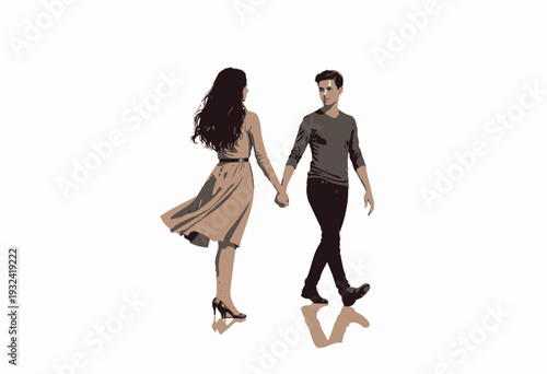 Illustration of a young couple walking hand in hand, showcasing connection and romance in their casual fashion, with a focus on movement and youthful style.