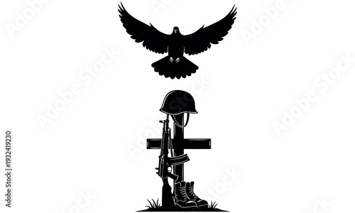 Silhouette of a military memorial with eagle helmet and cross