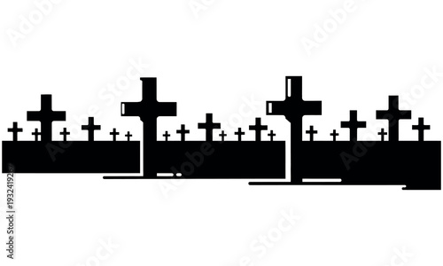 Silhouette of a cemetery with multiple crosses on graves