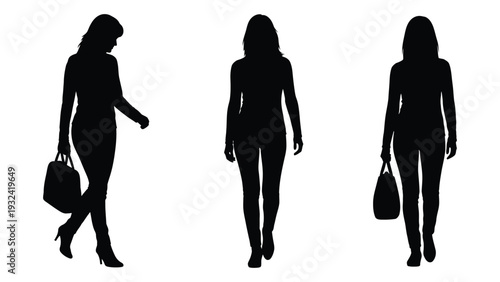 Three silhouetted women walking each carrying a handbag against a white background