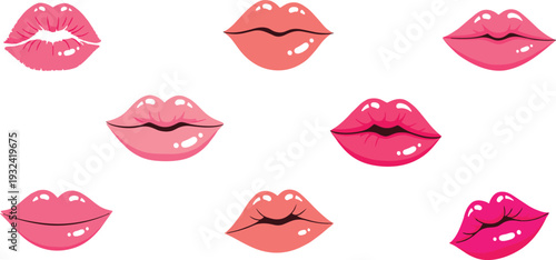 Glossy Pink and Red Lips Collection with Different Shapes Expressions and Makeup Styles Isolated on White Background Vector Illustration