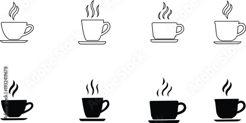 Coffee cup icon set. Cups of coffee tea collection. Hot drink icon. Disposable cup. Cup coffee with steam. Flat style - stock vector.  isolated on transparent backgroundcafes, silhouette, graphic, col