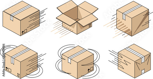 Cardboard Shipping Box Set with Open and Closed Packages Fast Delivery Motion Icons and Parcel Handling Vector Illustration Collection