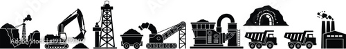 Mining and Oil Industry Silhouette Set with Excavator Drill Rig Dump Trucks Conveyor Belt and Factory Equipment Vector Illustration