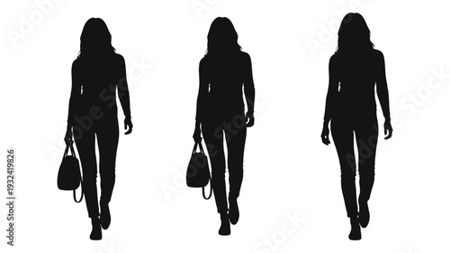 Three identical silhouettes of women walking with handbags against a white background