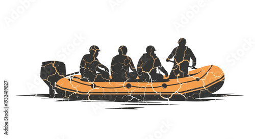 Rafting Team on Inflatable Boat, Cracked Texture Silhouette