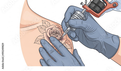 Professional Tattoo Machine Creating Floral Design on Woman Back Vector