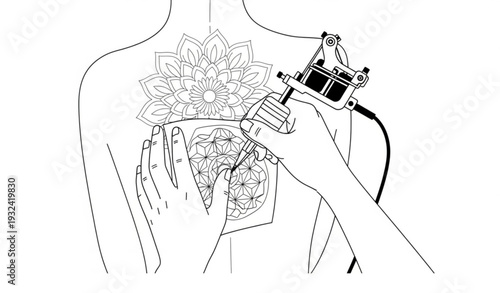 Minimal Flat Tattoo Process Vector with Mandala Flower Design on Female Back