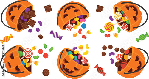 Halloween Pumpkin Candy Bucket Collection with Assorted Sweets Chocolate and Lollipops Spilling from Jack O Lantern Vector Illustration
