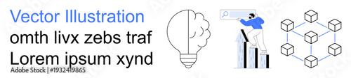 Data analysis, digital innovation, blockchain technology, business growth, problem-solving, decentralization. A lightbulb, bar graph person on ladder and interconnected cubes. Data analysis