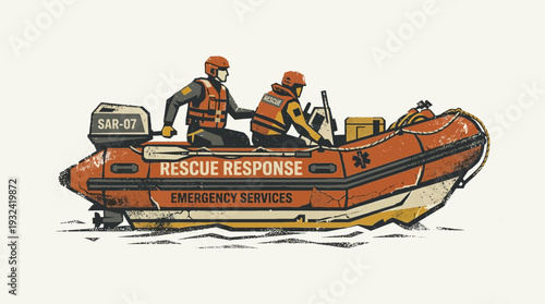 Rescue boat with emergency services crew on water