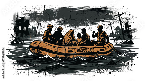 Rescue boat helps people evacuate flooded disaster city