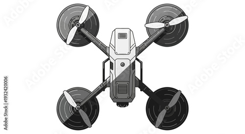 Top view of a modern drone with four propellers on a white background