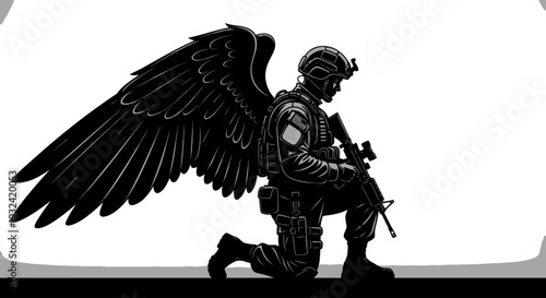 Soldier with wings kneeling a striking black form silhouette