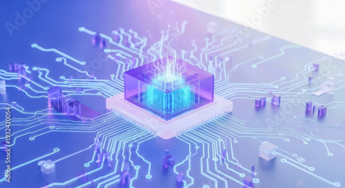 Quadro su tela Futuristic microchip processor on circuit board with glowing neon blue and purpl