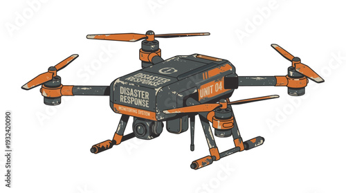 Disaster response drone with camera, orange and gray, isolated on white.