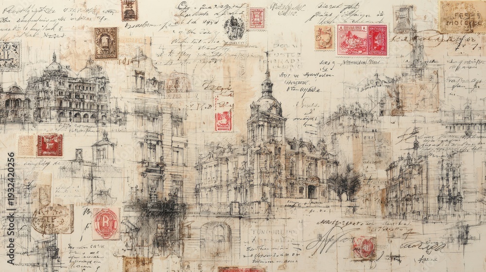 Fototapeta premium Antique sepia collage of handwritten script, postal stamps and architectural sketches of european streets and monuments on weathered paper, evoking travel and heritage