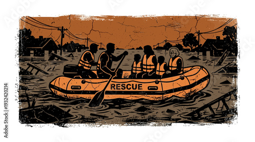 Flood rescue boat with family navigating submerged town